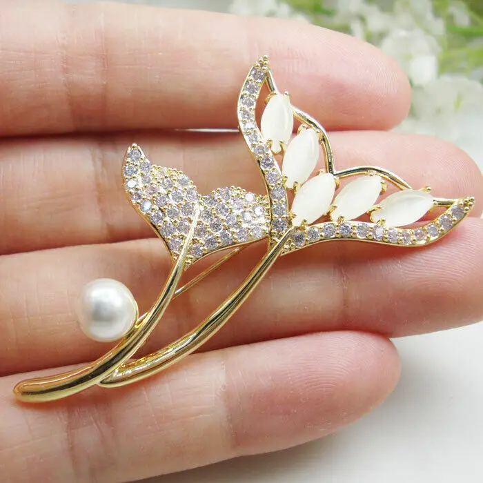 Mermaid Mythology Fishtail Zircon Crystal Microinlay Woman's Pearl Brooch Pin