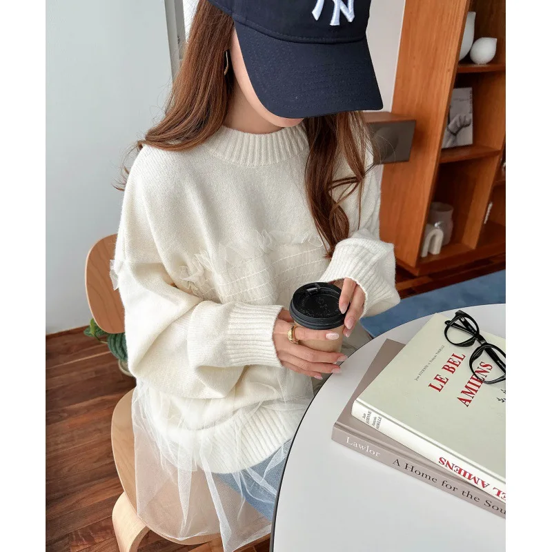2025New Heavyweight Rabbit Velvet Core Spin Yarn Knitted Sweater Mesh Splicing Fake Two-Piece Women's Knitted Top
