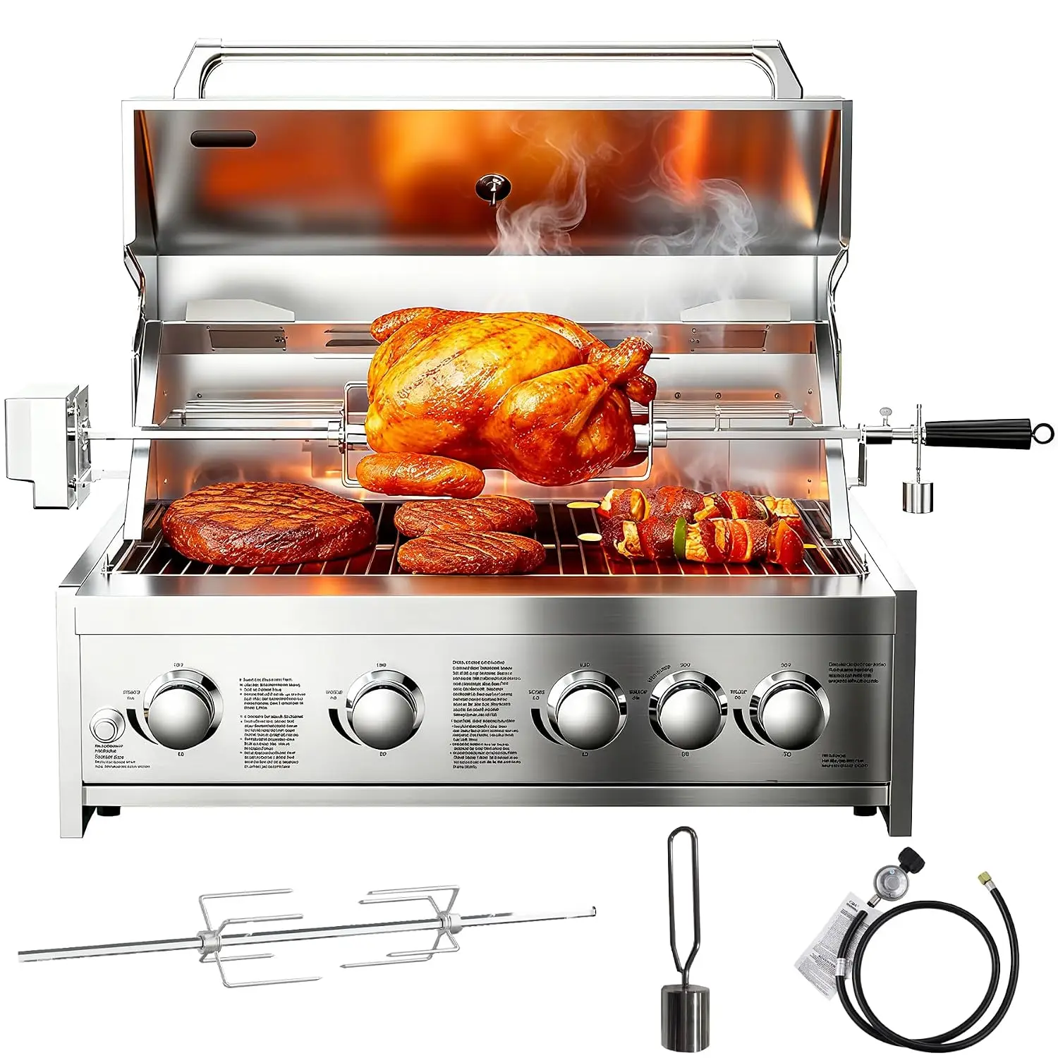 5 Burner Built In Gas Grill Island Head, Stainless Steel 30 Inch Propane Grill with Rear Burner, 58000 BTUs, 988.5, Customized