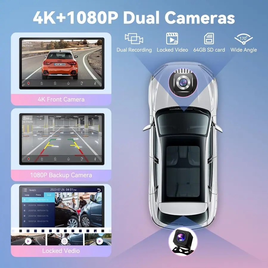 شاشة Carplay للسيارة، 9 شاشات أوتوماتيكية تعمل بنظام Android مع كاميرا داشكام بدقة 4K، شاشة Apple Carplay للسيارة مع كاميرا احتياطية 1080 بكسل، لين مرآة #4