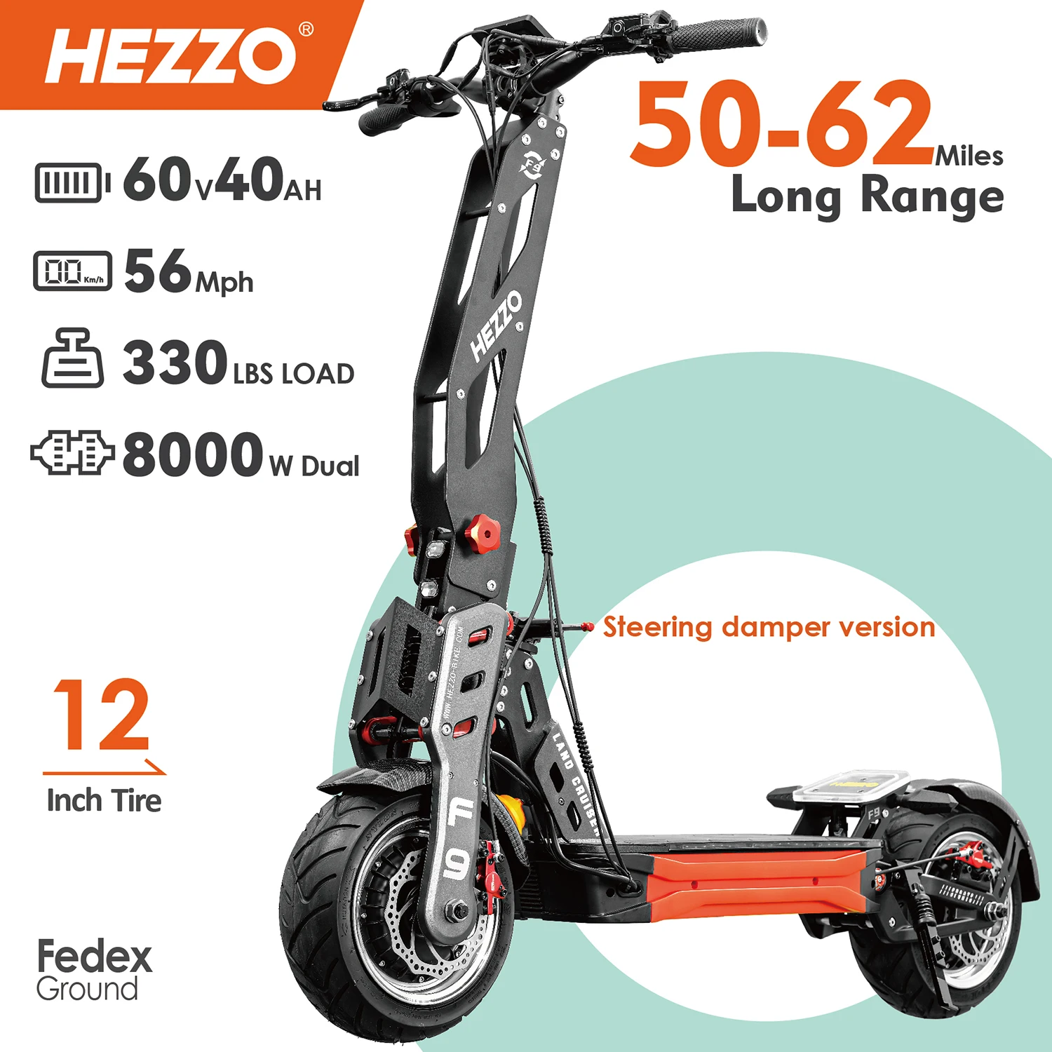 HEZZO 성인용 접이식 전기 스쿠터, 듀얼 모터, 강력한 60MPH E스쿠터, 팻 타이어, 40Ah NFC 오프로드 스쿠터, F9, 60V, 8000W