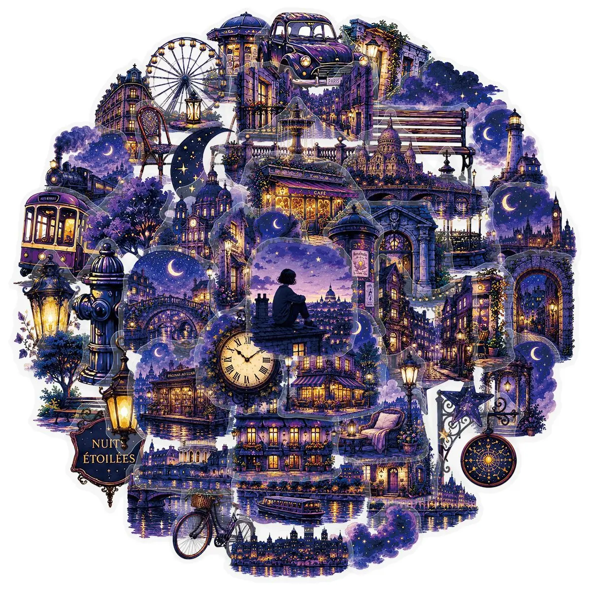 50PCS Purple-Toned Night Scene of Street Buildings Graffiti Stickers Purple Style Cartoon Decal DIY Phone Guitar Classic Kid Toy