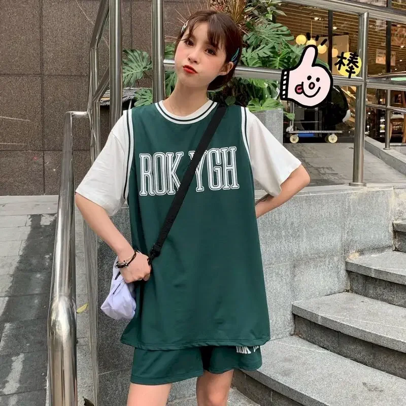 Women's Suits Sports Suit Student Korean Sleeveless Jersey Vest Shorts White Tshirt Basketball Uniform 3 Piece Sets 2024 Summer