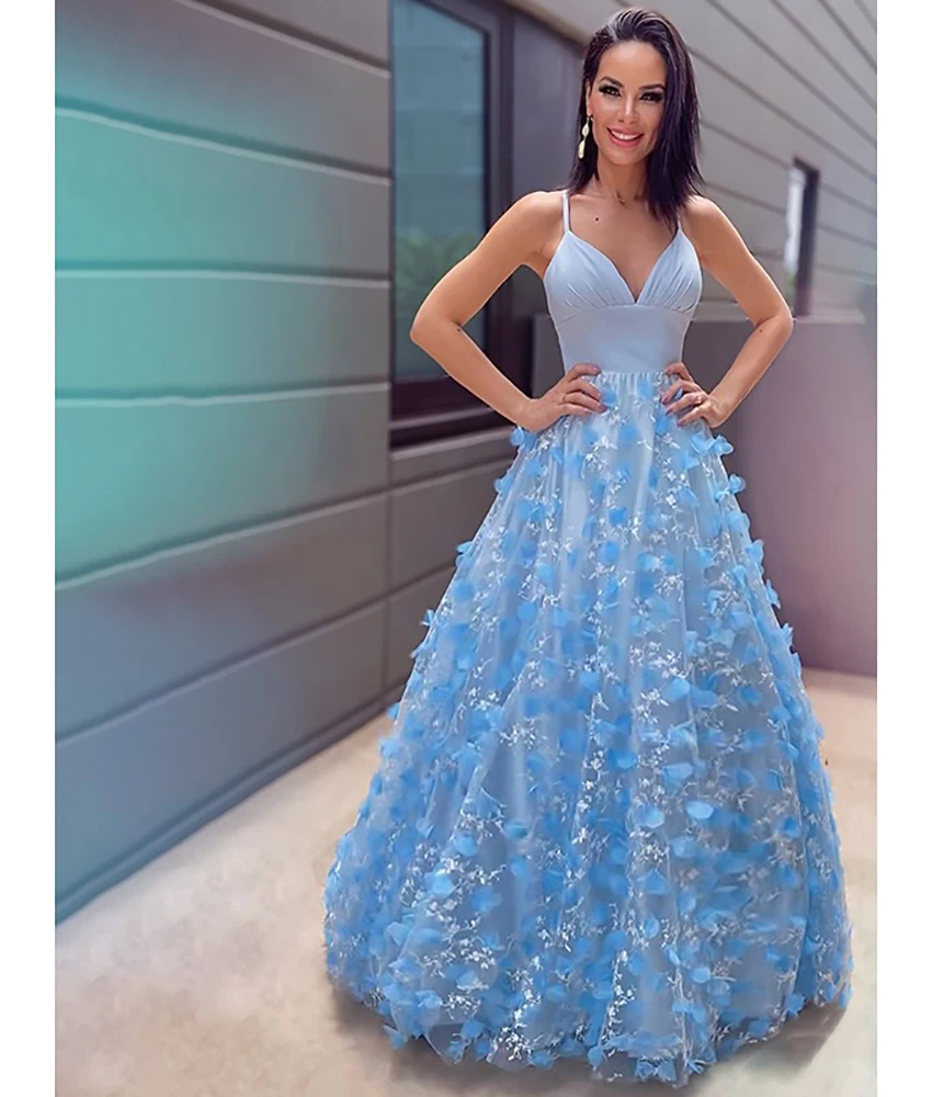 

Customized Sexy Organza Appliques 3D Flowers A-Line Spaghetti Straps Evening Dress Delicate Sweetheart Sleeveless Party Gowns