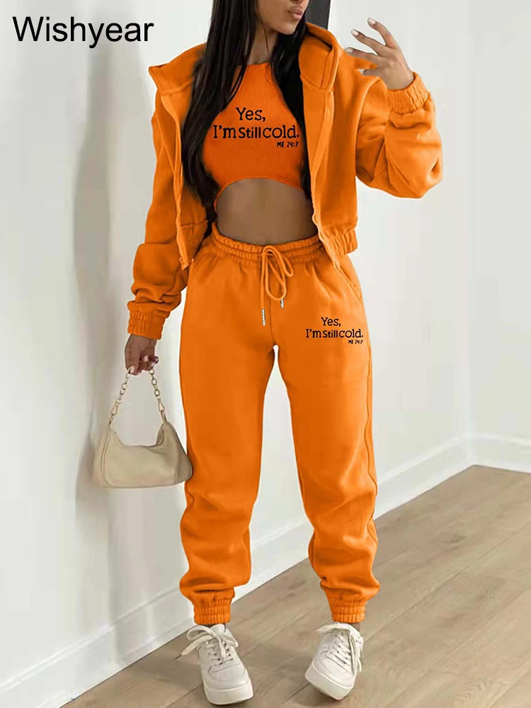 

Casual Long Sleeve Zip Hoodies Ribbed Tank High Waist Jogger Pants Three Piece Sets Women Sporty Letter Print Sweatpants Outfit