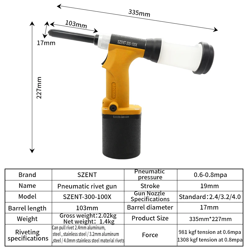 Air Powered Long Barrel Rivet Gun 2.4-3.2-4.0mm Aluminum Steel Blind Rivets Gun