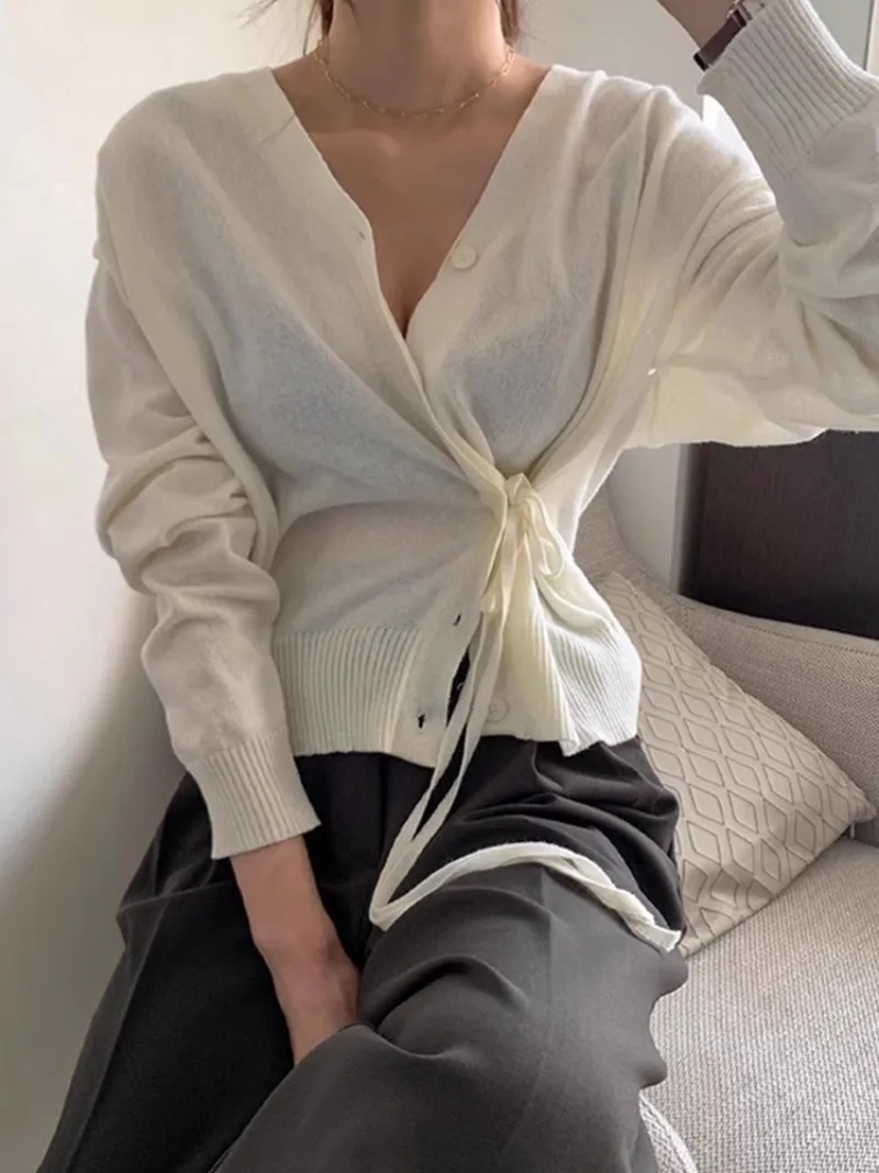 Side Lace-up Tunic Cardigan V-neck Single Breasted Outerwears Long Sleeve Ropa Mujer 2024 Woman Cardigans Autumn Sweater