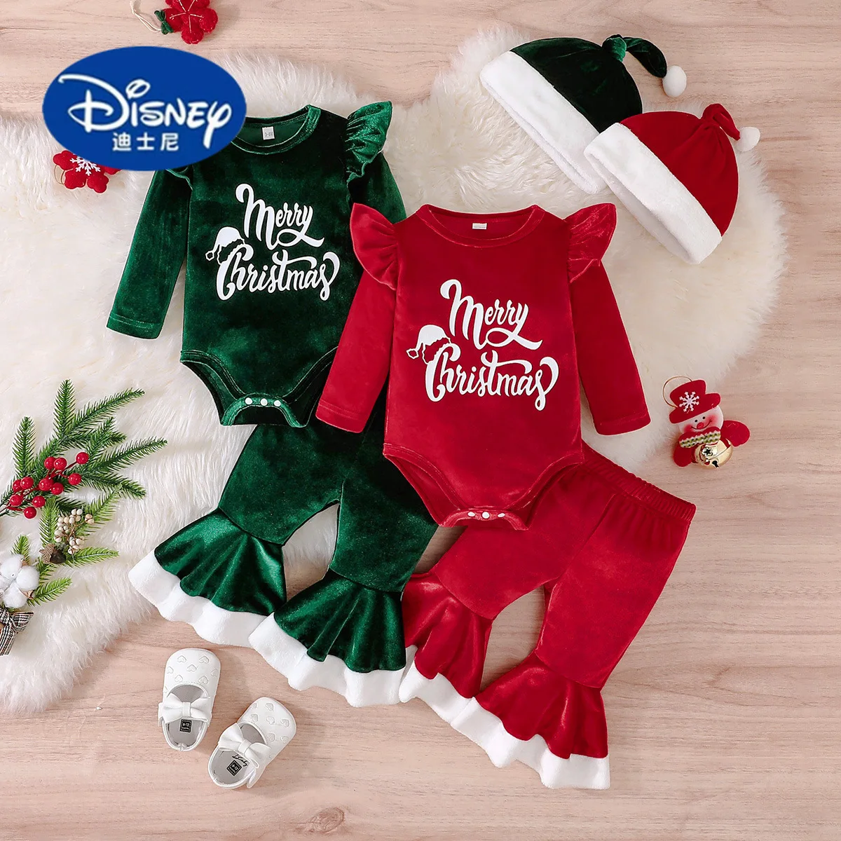 

Disney 2025 Christmas Girls 3-Piece Set, Letter Print Bodysuit + Flare Pants + Hat, Festive Party Outfit