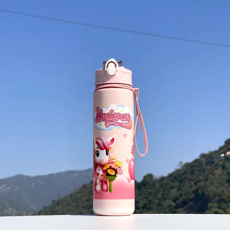 

Solid Color pony Water Bottle 750ML with Straw Cute Cartoon Water Cup for Kids camp Drink Bottle
