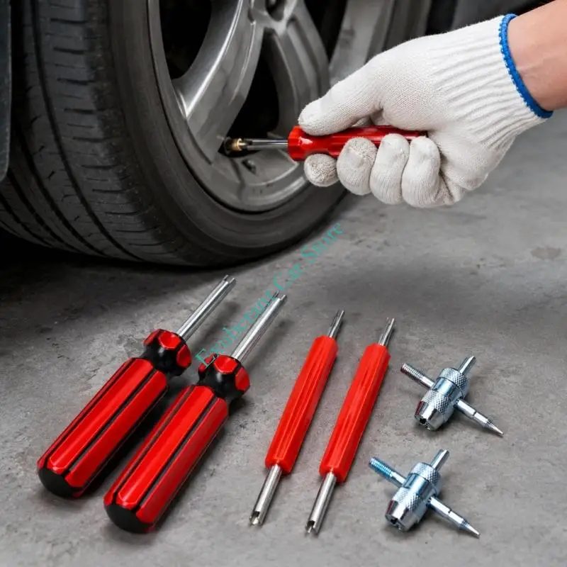 Tire Stem Insert Remover and Installer Set with Six Straight and Four-Way Implements for Car Bike Motorcycle Routine Checks