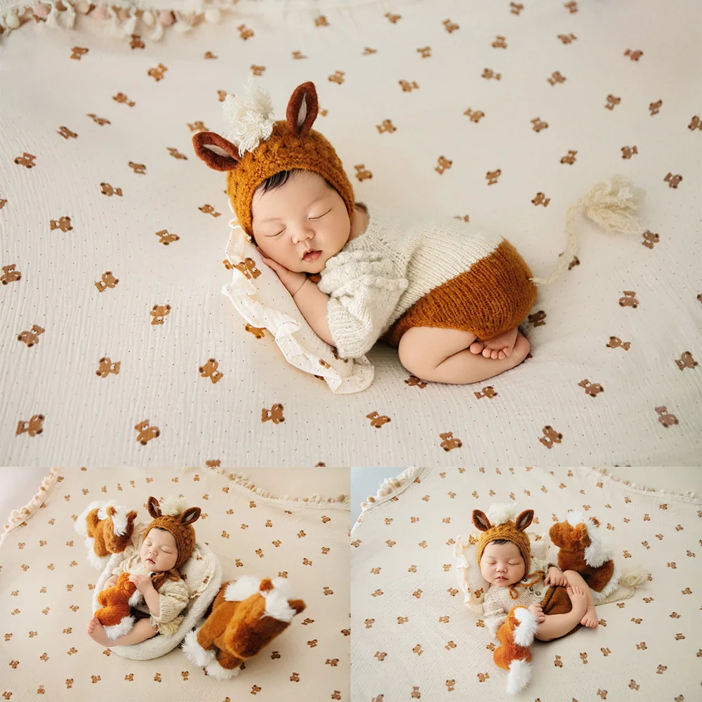Horse Theme Newborn Photography Props Pony-Shaped Baby Knit Hat+romper Set Plush Horse Doll Decor Props for Studio Baby Shooting