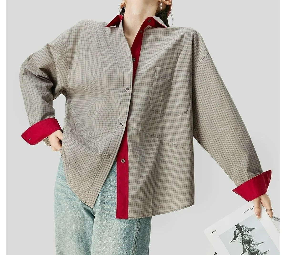 Atmosphere Contrasting Color Plaid Long-sleeved Shirt Jacket Women's Early Autumn Lazy Style Loose Top