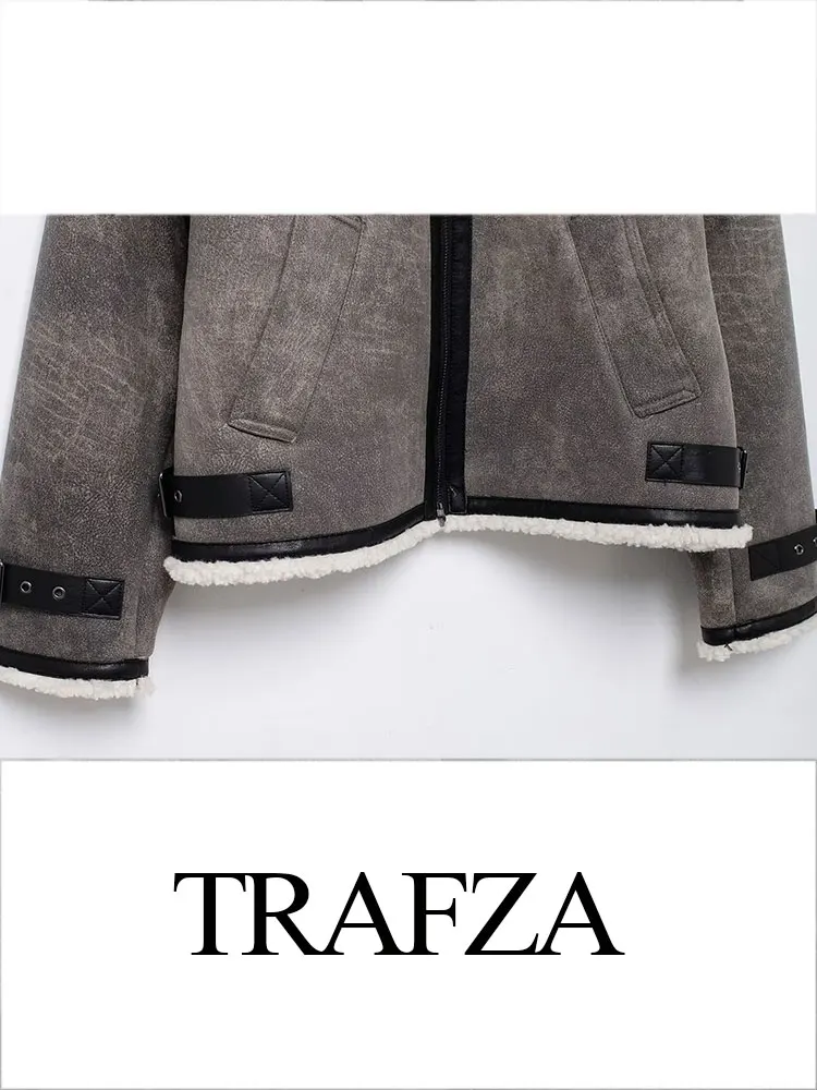 TRAFZA 여성용 레트로 라펠 지퍼 포켓 재킷, 스트리트 가죽 단추 재킷, 따뜻한 리버시블 재킷, 겨울