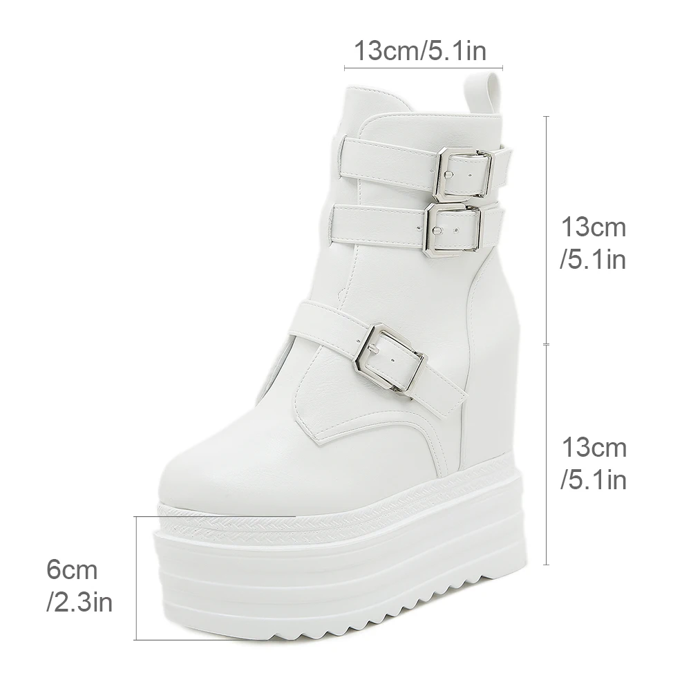 Gdgydh Women\'s Trendy Platform Boots Fashion Side Zipper Buckle Strap Design Height Increasing Stylish Mid Calf Boots Wedge Heel