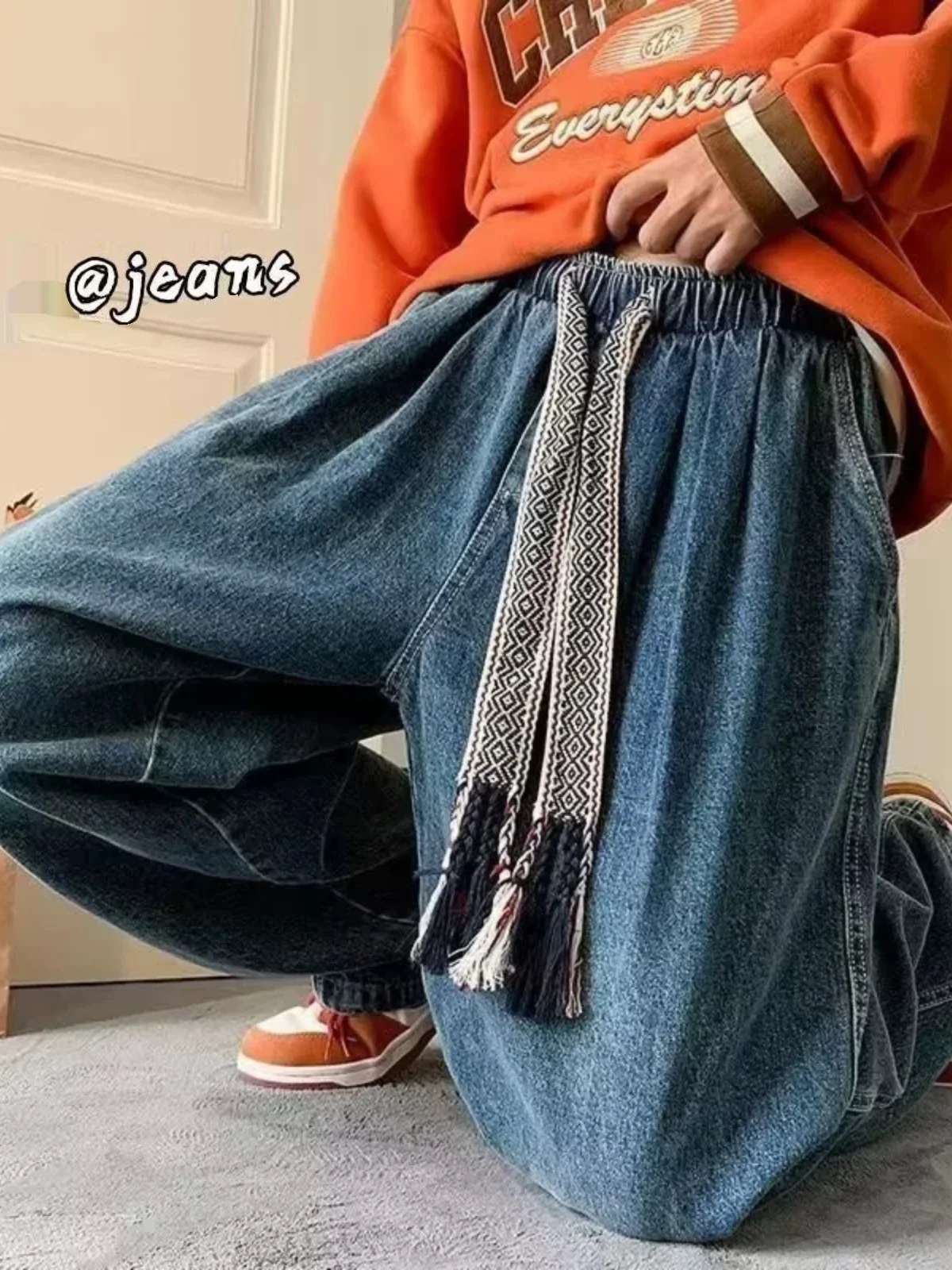 

Мужские джинсы Deep Blue в американском ретро-стиле, свободные, с широкими штанинами, прямого кроя, весенние, с эластичным поясом на резинке, повседневные джинсовые брюки