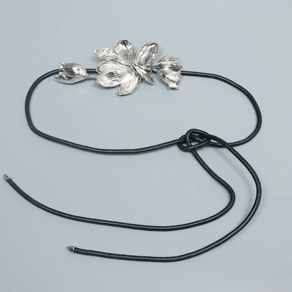 

Fashion Adjustable Golden Tulip Belt Vintage PU Metal Flower Waist Chain Waistband Silver Exaggerated Belt Ornament
