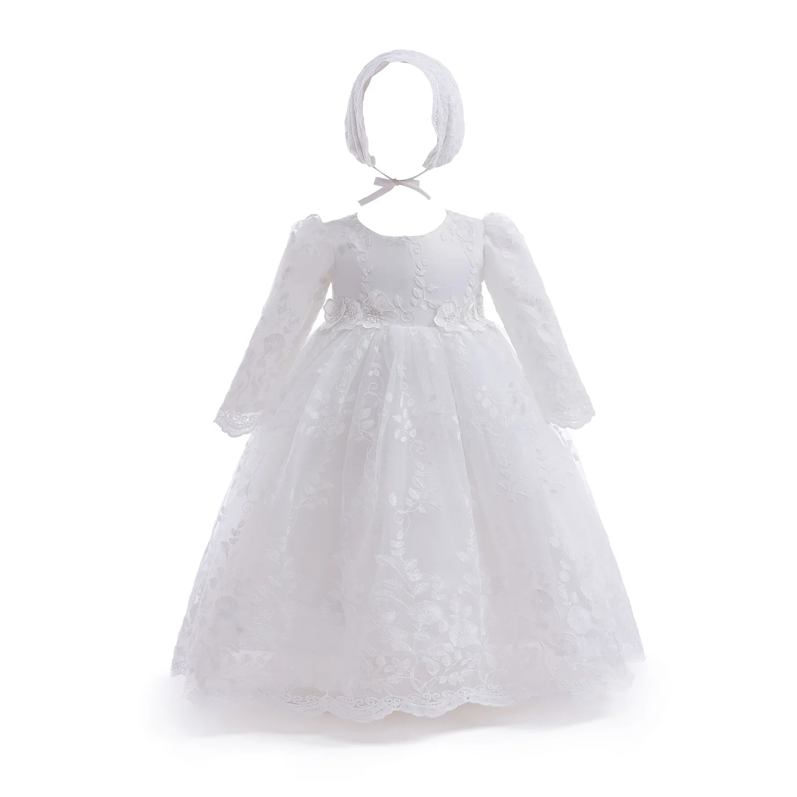 

New Long Sleeve White Princess Christening Dress For Girl Kid's Dress Toddler Girl Clothes 0 to 12 24 Months