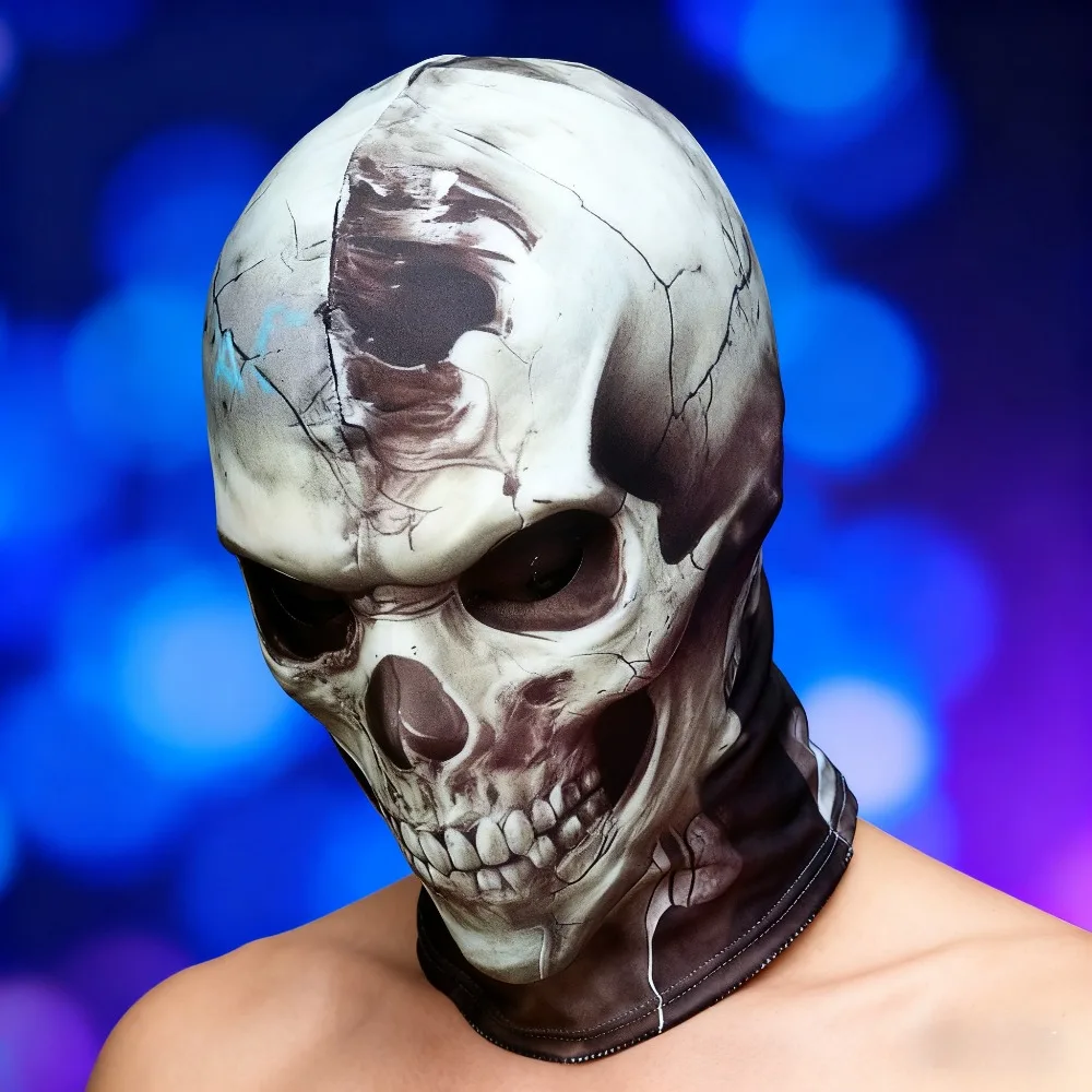 3D Realistic Skull Mask with Elastic Breathable Mesh Headband Comfortable Halloween Costume Accessory Horror Theme for Cosplayer