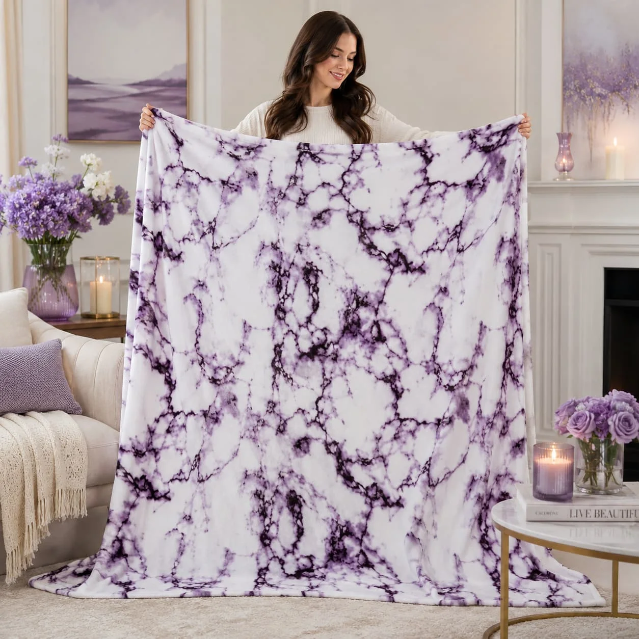 1pc Marble Pattern Flannel Blanket |   Contemporary Style, Polyester, Machine Washable, Suitable for All Seasons, Ideal for Bedroom and Living Room Decor