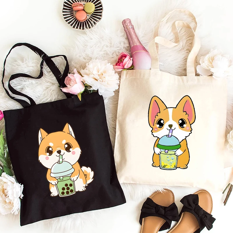 Canvas Bag Corgi Dog with Bubble Tea Boba Tea Print Canvas Bag Lightweight Shoulder Bag Versatile Shopping Bags Holder Handbag