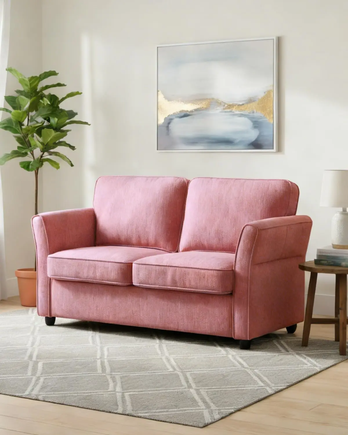 #Chenille Loveseat Removable Cover Outward Arms Spring Cushion Solid Wood Frame Deep Seat Small Apartment Pink