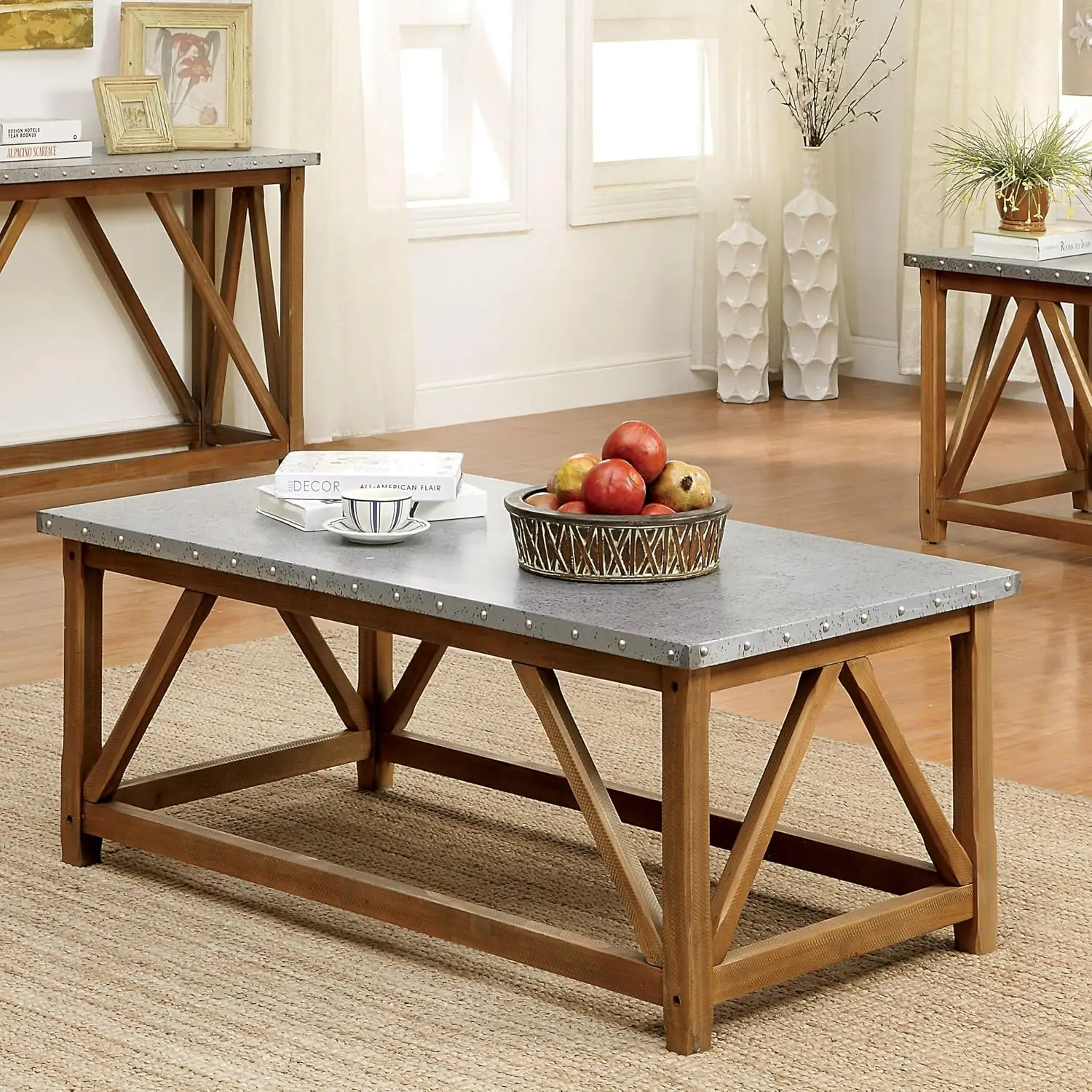 Industrial Rectangle Coffee Table Galvanized Iron Top Natural Brown Silver for Living Room Bedroom 49 in, Customized