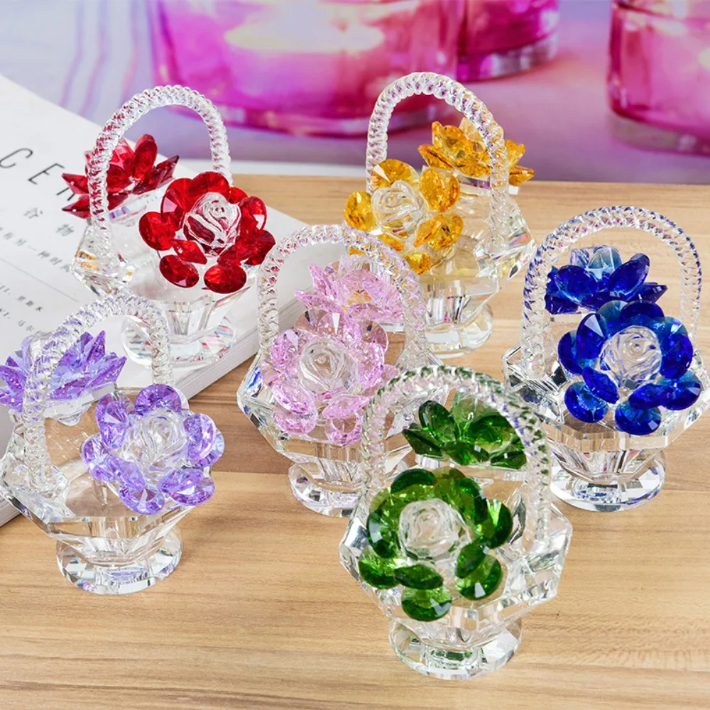 Blue/Green/Red/Pink/Purple Crystal Flower Basket Decoration 3.3*3.1 Inch Crystal Decorative Ornaments Tabletop Decoration