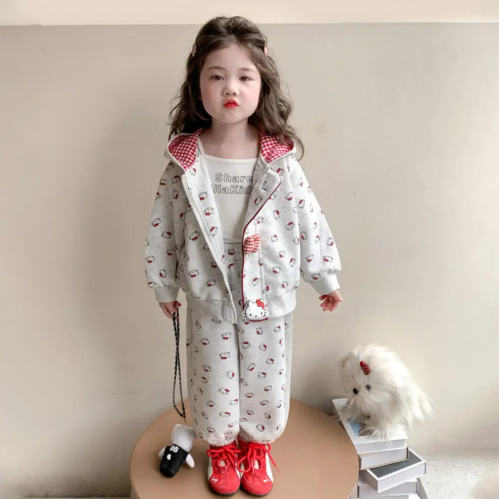 

Sanrio Hello Kitty Girls' Western Style Tops Spring Cartoon Suit 2026 Autumn New Hooded Jacket Leg Pants Casual 2Pc Set Kawaii