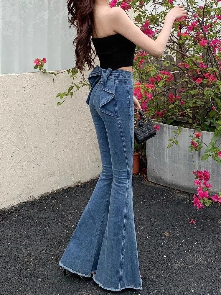 Bow Tie Jeans Women's American Vintage Three-dimensional Micro-large Summer Thin Pants New High-waisted Skinny Hip Flare Pants