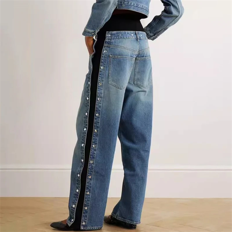 2025 High quality spring new women's knitted thread stitching snap jeans y2k fashion high street pure cotton wash wide-leg pants