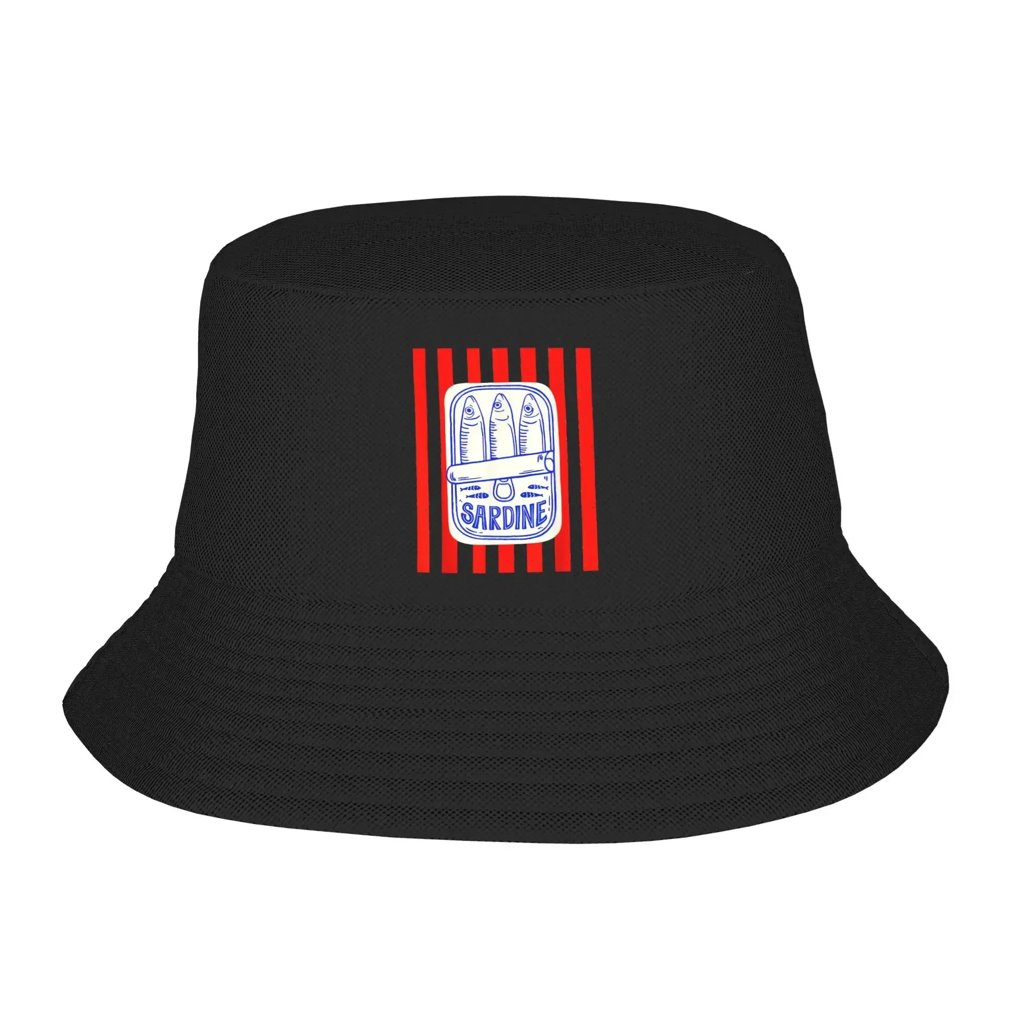 Retro Design，Sardine Printed Red Stripes Bucket Hat For Women Fisherman Hats Cartoon Sardine And Letter Print Caps Portable Su