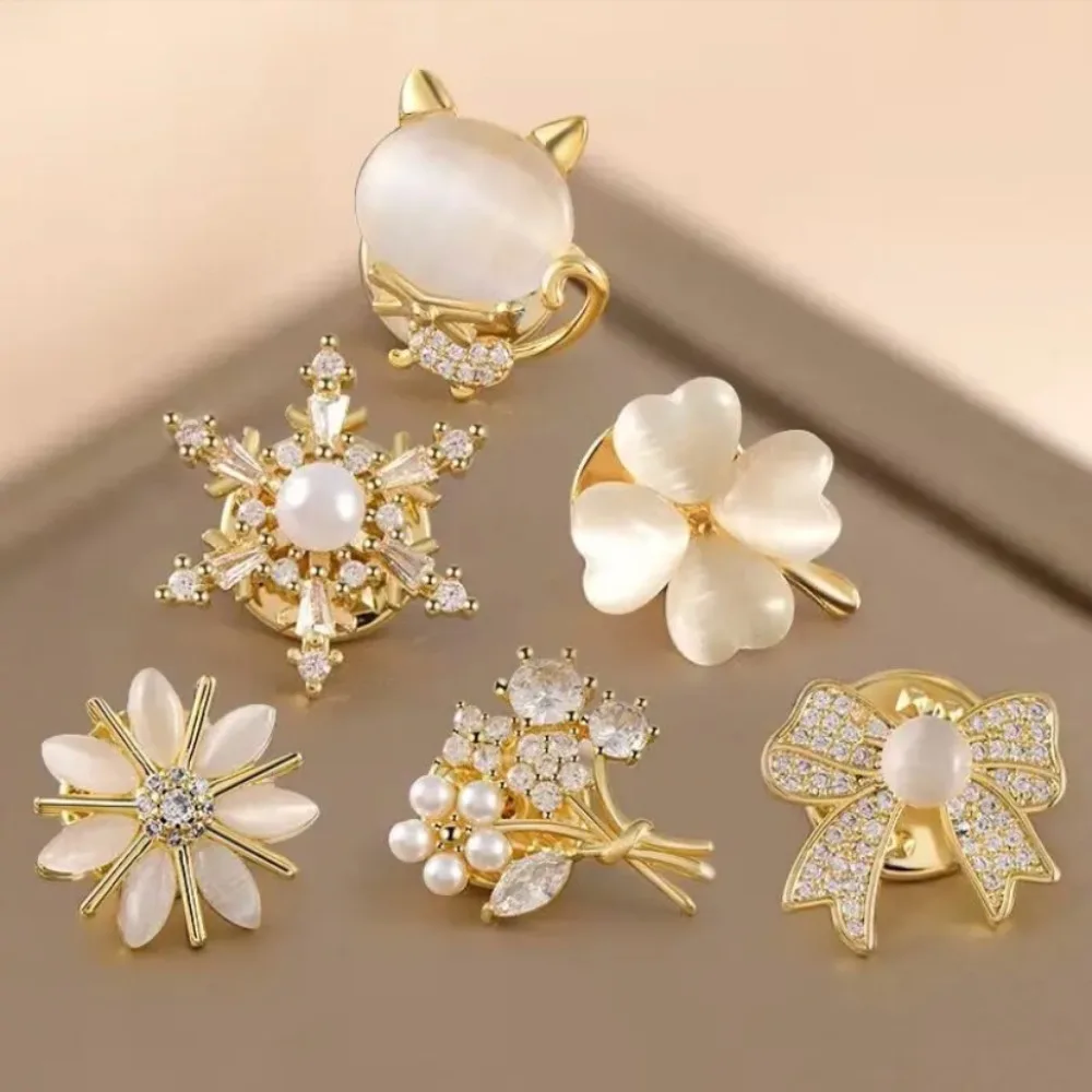 Cute Sweet Opal Stone Flower Pearl Brooches for Women Exquisite Snowflake Bowknot Fixed Clothing Buckle Small Pin Accessories