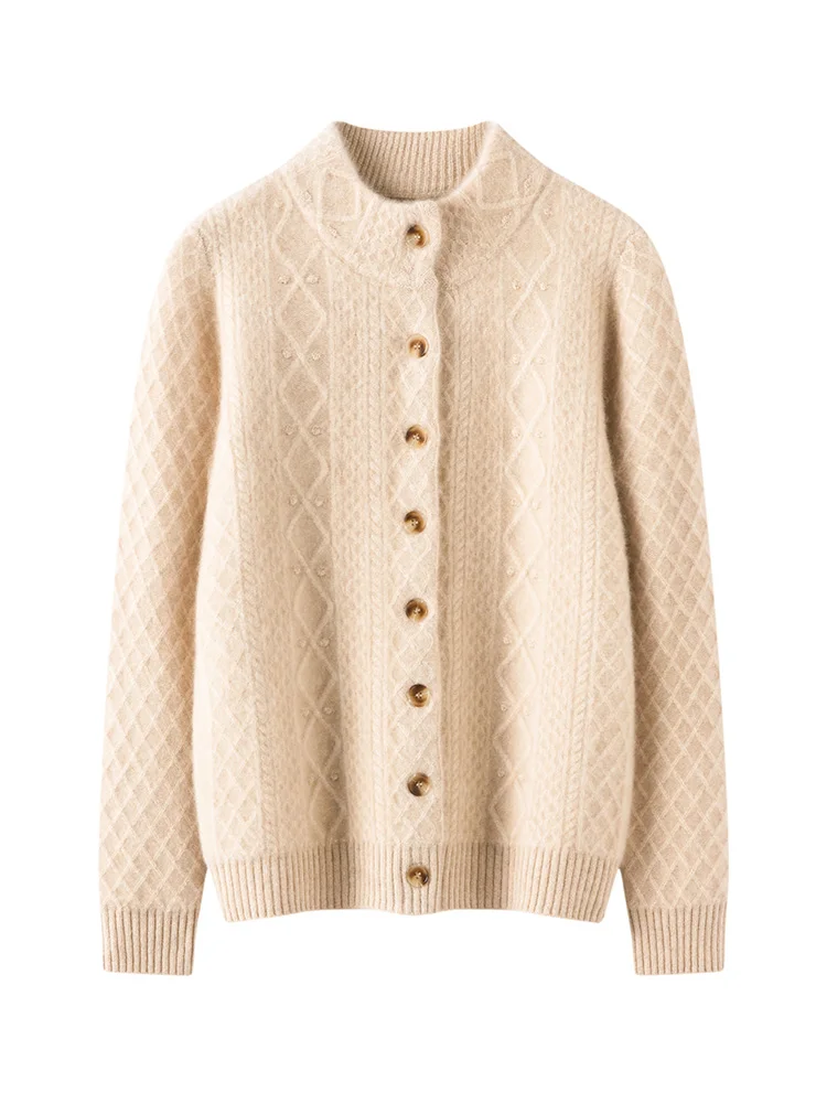 

TLOML Women 100% Cashmere Sweater Mock Neck Cable Knit Cardigan Autumn Winter Thick Cashmere Knitwear Casual High Quality Tops
