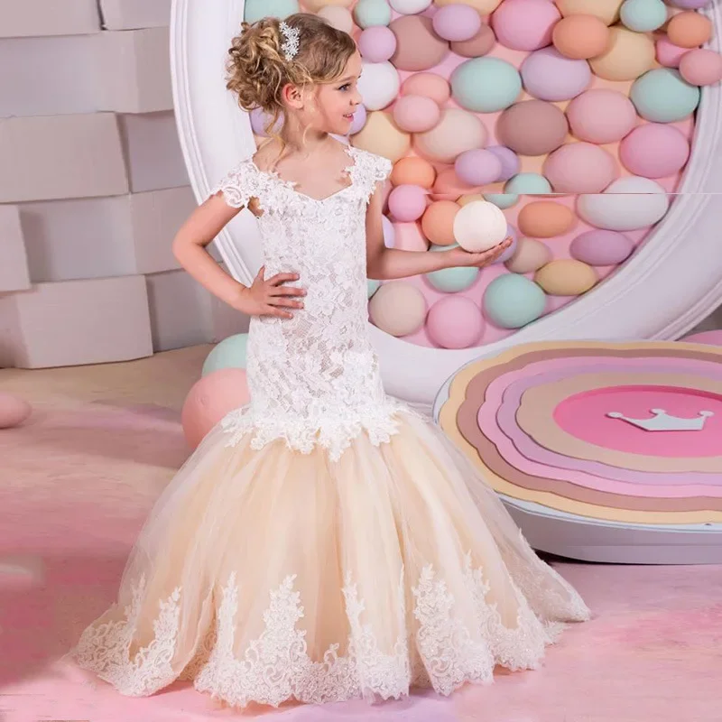 

2025 Fishtail Children's Evening Dress Full Lace Short Sleeve One Shoulder Flower Girl Wedding Flower Girl Dresses for Weddings