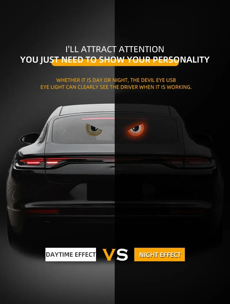 Imagen 6: Parabrisas trasero de coche, lámpara LED de ojos animados, ojo de diablo dinámico, luz de advertencia de coche, luz de espejo retrovisor interactiva anticancada