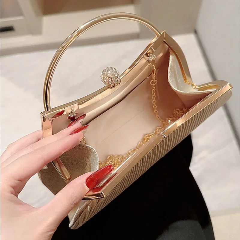 Pleated Evening Handbag Women Top Handle Glitter Day Clutch Ladies Wedding Dinner Dressed Clip Bag Diamond Party Purse Gold view 3