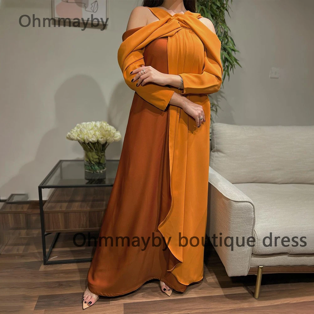 

Orange Satin Mermaid Evening Dresses for Women Arabain Dubai Formal Prom Dress Floor Length Wedding Party Gowns with Sleeve