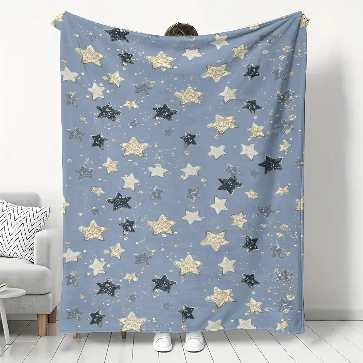 1pc Star-printed blanket, polyester fabric, machine washable, suitable for bedroom and living room décor.