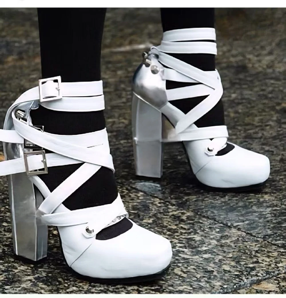 

White Strappy Metallic Block Heel High Cyber-Chic Style Buckle Detail Bold High-Fashion Street Cool Rivet Decoration Lady Shoes