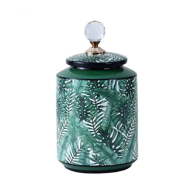 Green Leaf Texture Ceramic Storage Jars with Lids Crystal Cover Jar Tea Caddy Desk Decoration Porcelain Vase Flower Arrangement