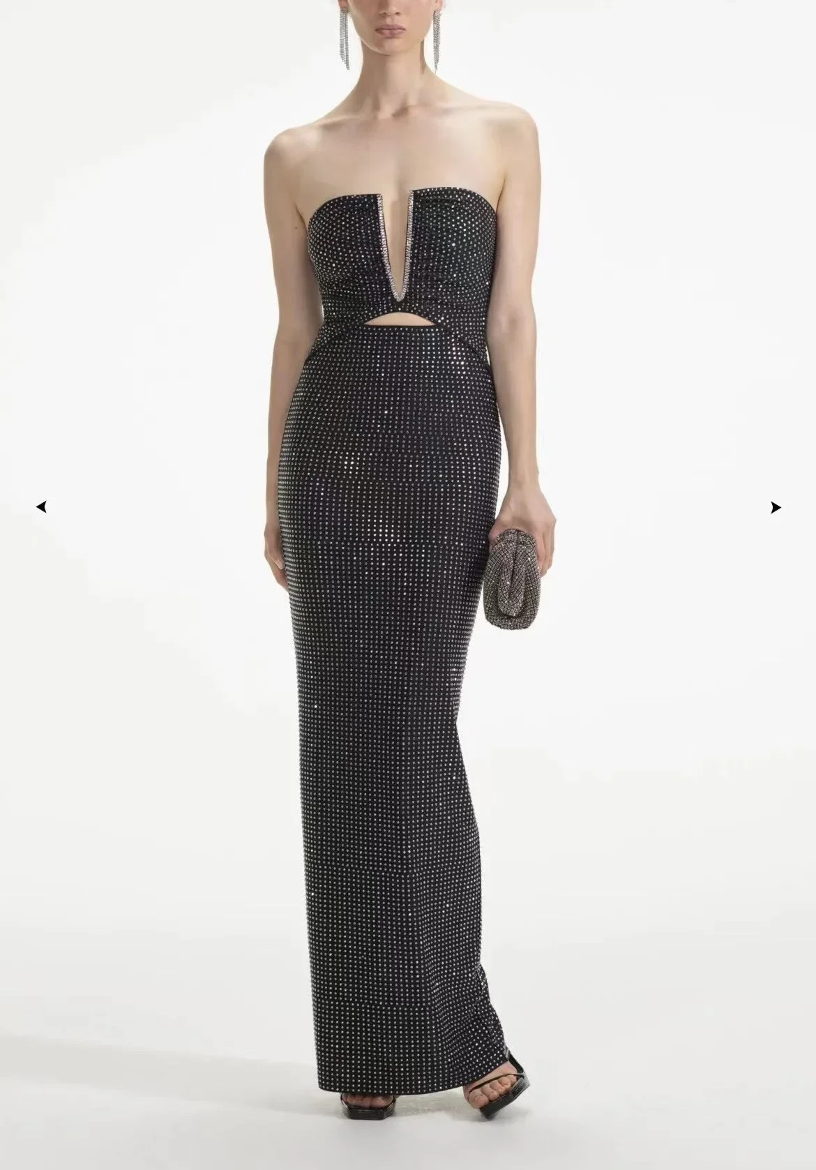 Black 2024 New Top Quality Summer Sleeveless Cut Out Diamonds Strapless Slit Hem Women Party Mermaid Maxi Dress