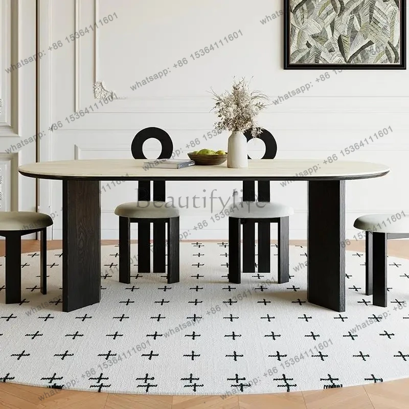 

D06 French cream wind tunnel slate dining table oval dining table solid wood retro medieval dining table and chairs