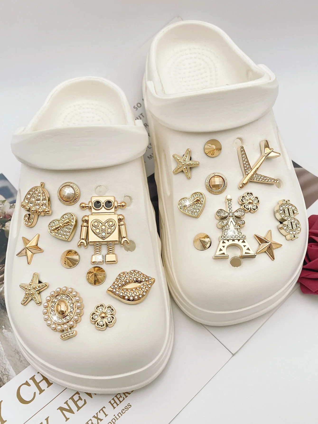 21 قطعة من الروبوت الذهبي، طائرة ماسية نقطية، شفاه، مظلة، قلب، مرآة لؤلؤ ABS، برج فلاش ناعم، نجم البحر، زهرة، فاي #2