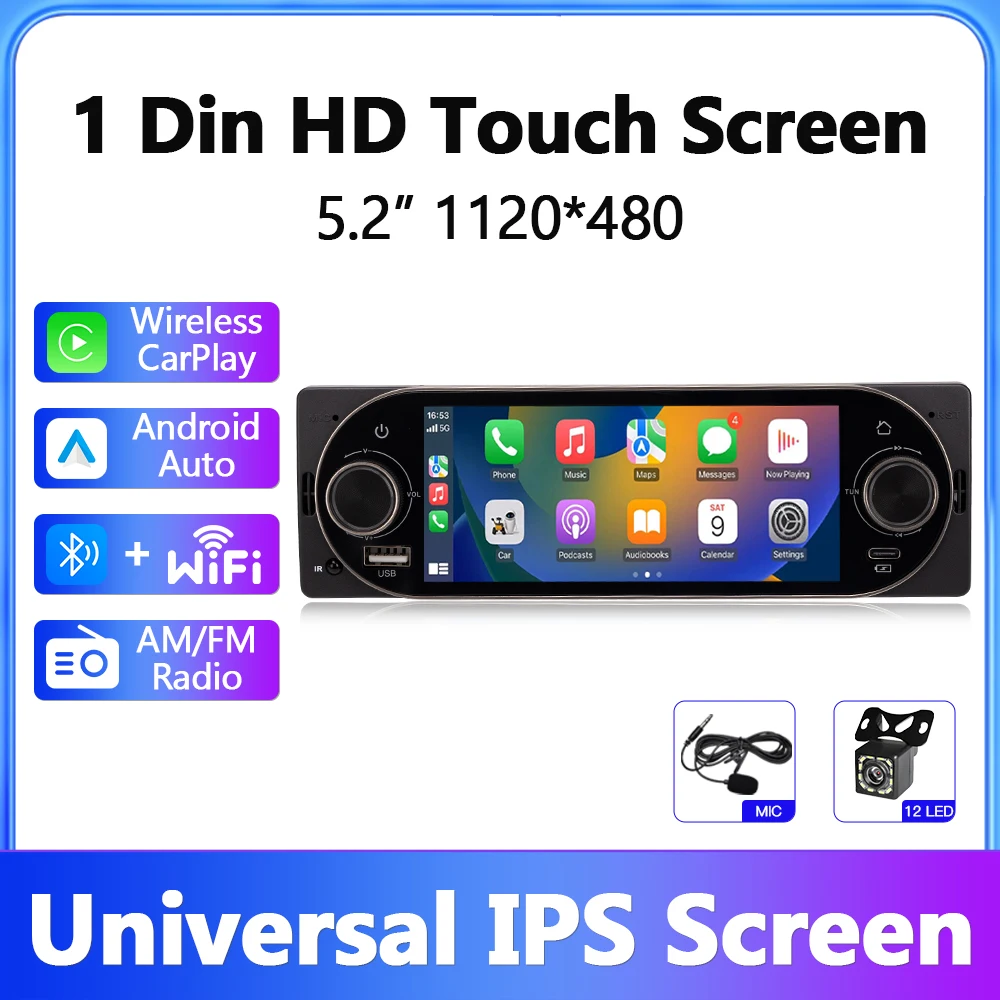 1 Din Double Helix Car Radio Wireless CarPlay Android Auto Stereo MP5 Player 5