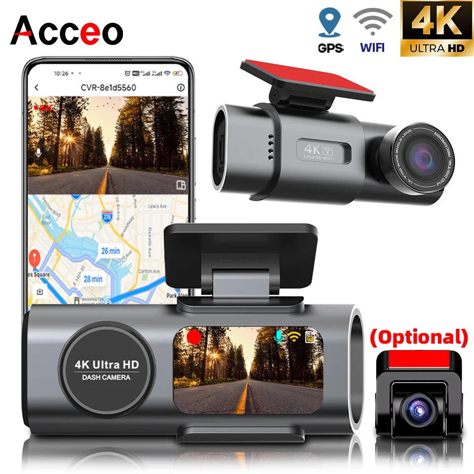 

ACCEO 4K Dash Cam Мини-автомобильный видеорегистратор с GPS Wi-Fi 1080P Задняя камера 24H Режим парковки Ночное видение Двухканальный черный ящик Автомобильный рекордер