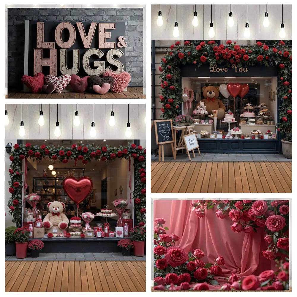 Valentine's Day Dessert Shop Theme Photograph Background Romantic Rose Heart Balloon Toy Bear Couple Portrait Date Deco Backdrop