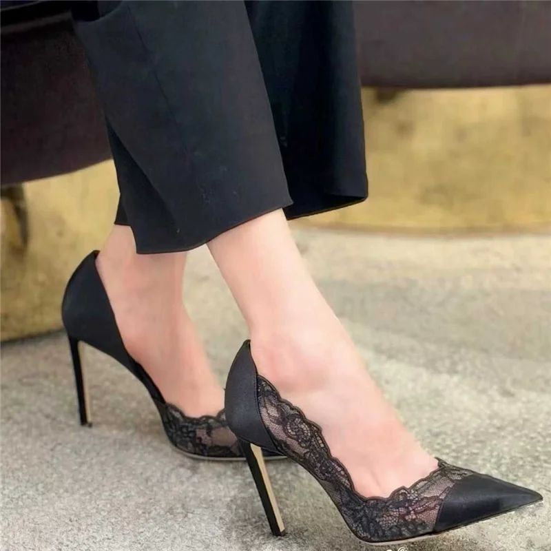 Spring and summer new pointed side empty lace satin mesh lace patchwork sandals banquet dress slim heels high heels women's shoe