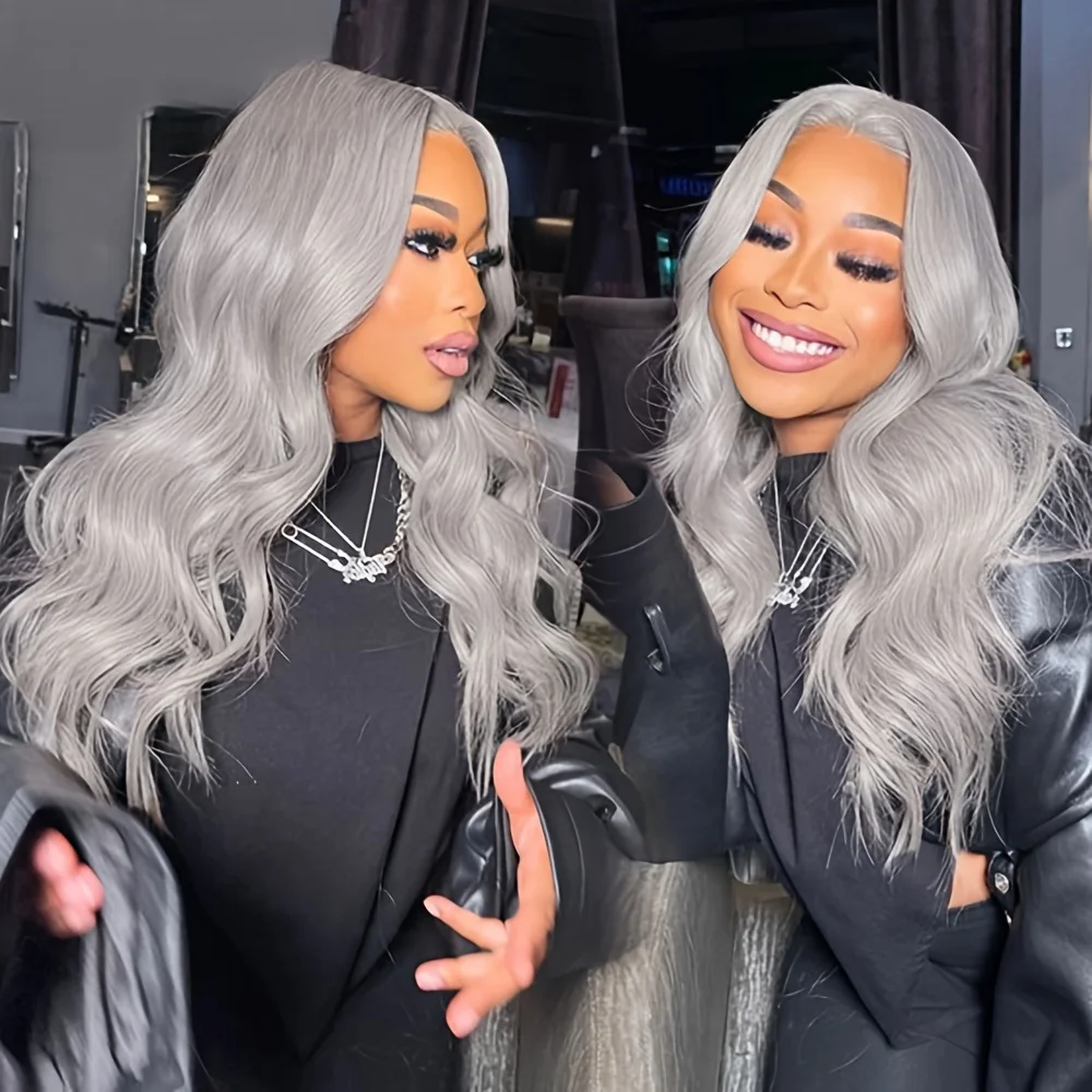 فضي رمادي العظام مستقيم 13x4 الدانتيل الباروكات الأمامية خصلات الشعر المستعار الإنسان الجسم موجة الدانتيل الجبهة الباروكات للنساء قبل قطعها مع شعر الطفل #1