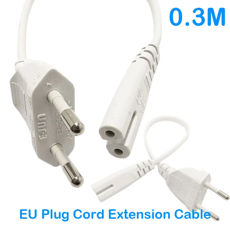 White 2p Prong EU Plug Cord Extension Cable Lamp Power Supply European Figure 8 Power Cord For Led Lighting USB Charger0.3M
