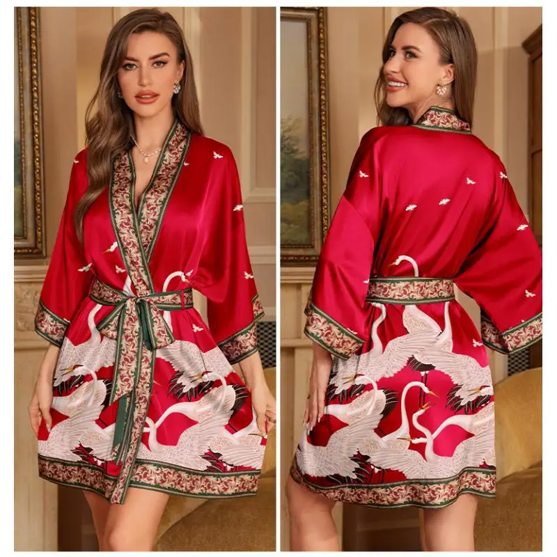 Crane Printing Bride Bridesmaid Wedding Robe Women Dressing Gown Bathrobe Japanese Kimono Yukata Sexy Satin Sleepwear Homewear